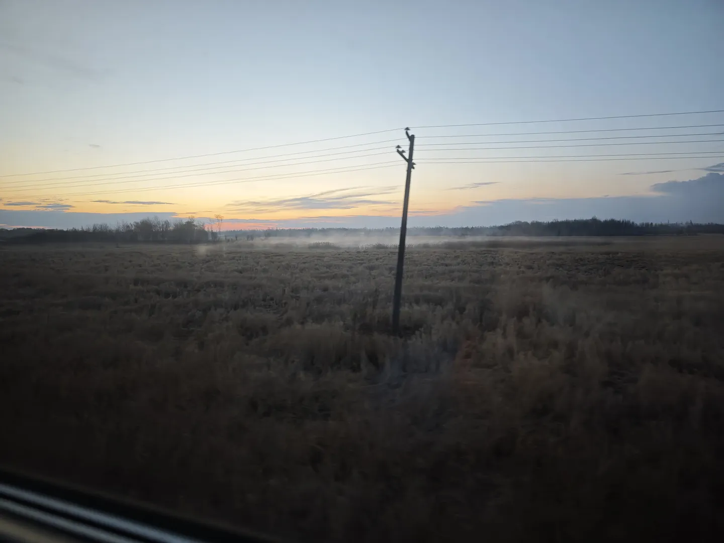 一片广阔的田野在夕阳下显得宁静,田野上有一个电线杆。天空呈现出橙色和蓝色的渐变,远处有树木的轮廓。田野表面有些许雾气。