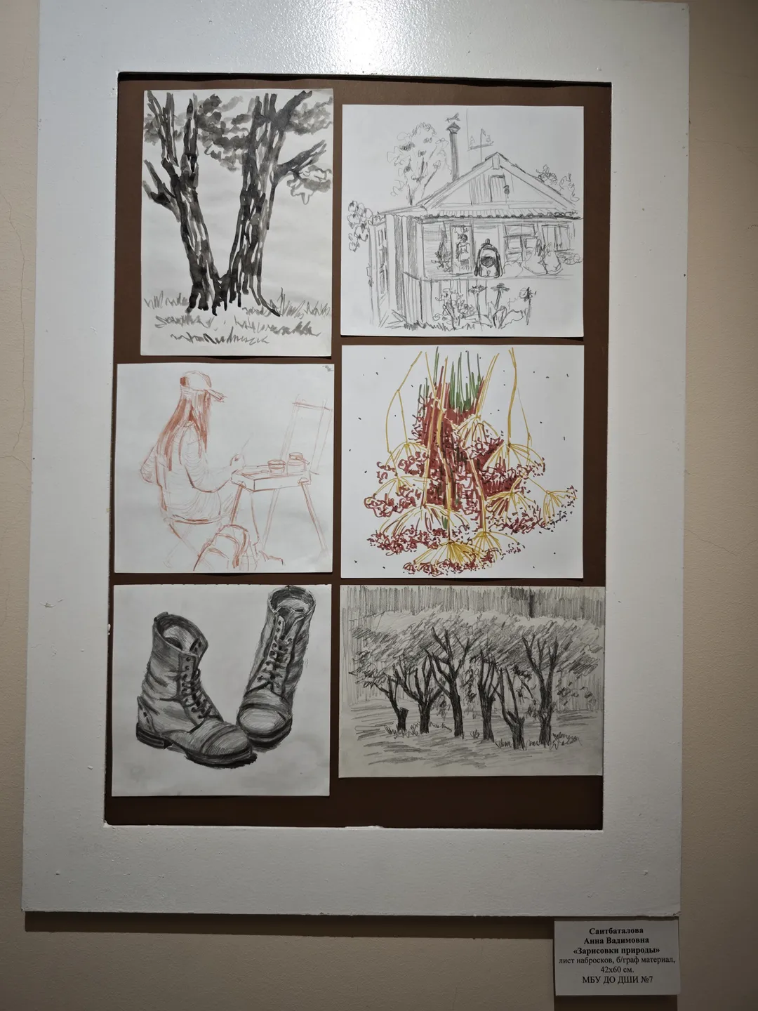 六幅素描作品排列在墙上,内容包括树木、房屋、人物、植物、鞋子和树林。每幅素描风格各异,细节丰富。