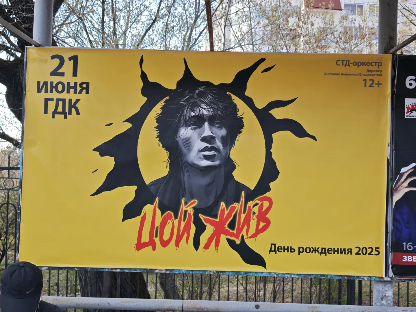 黄色背景的海报上有一个黑色剪影图案,旁边写着“21 июня ГДК”。海报下方有红色文字“ЦОЙ ЖИВ”,右下角标注“День рождения 2025”。