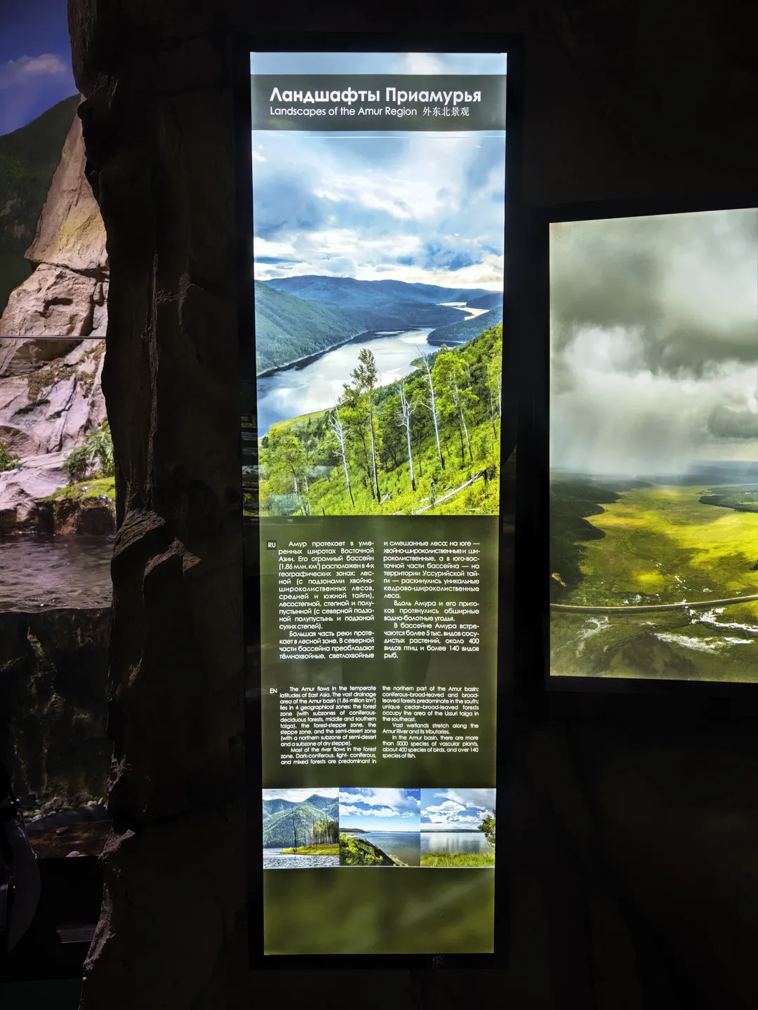 展示板标题为“Landscapes of the Amur Region”,介绍了阿穆尔地区的景观。内容涵盖森林、河流和山脉,配有多张自然风光照片。