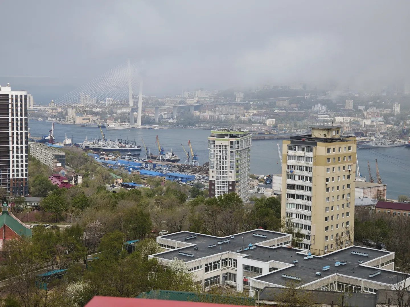城市景观中,高楼大厦和低矮建筑错落有致,中间有一条河流,河上有桥梁和船只。远处的建筑物被薄雾笼罩,天空阴沉。河流两岸有绿色植被。
