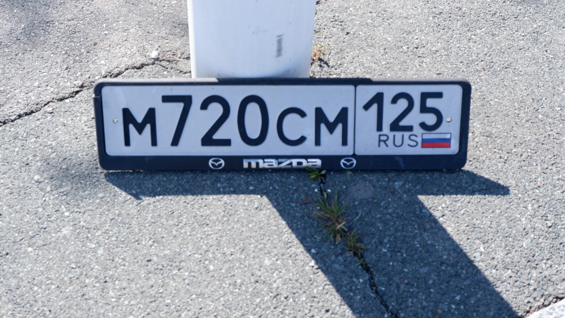 一个车牌号为M720CM 125 RUS的车牌躺在地上。