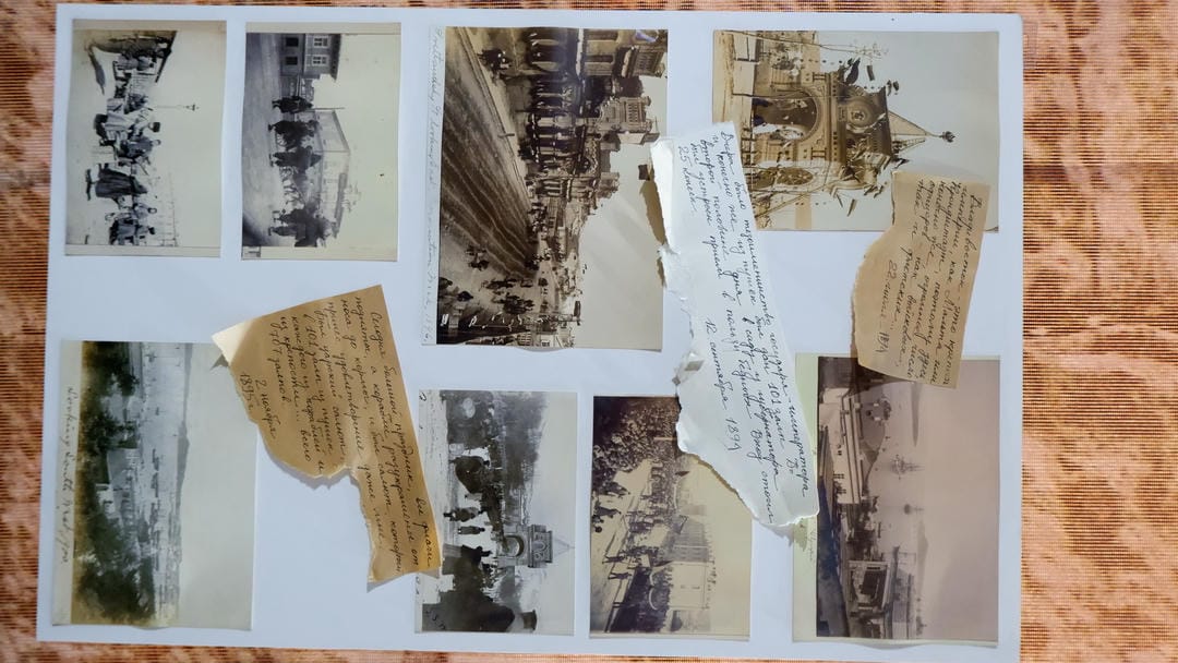 旧照片拼贴画，展示了历史建筑和街道场景，配有手写文字说明。