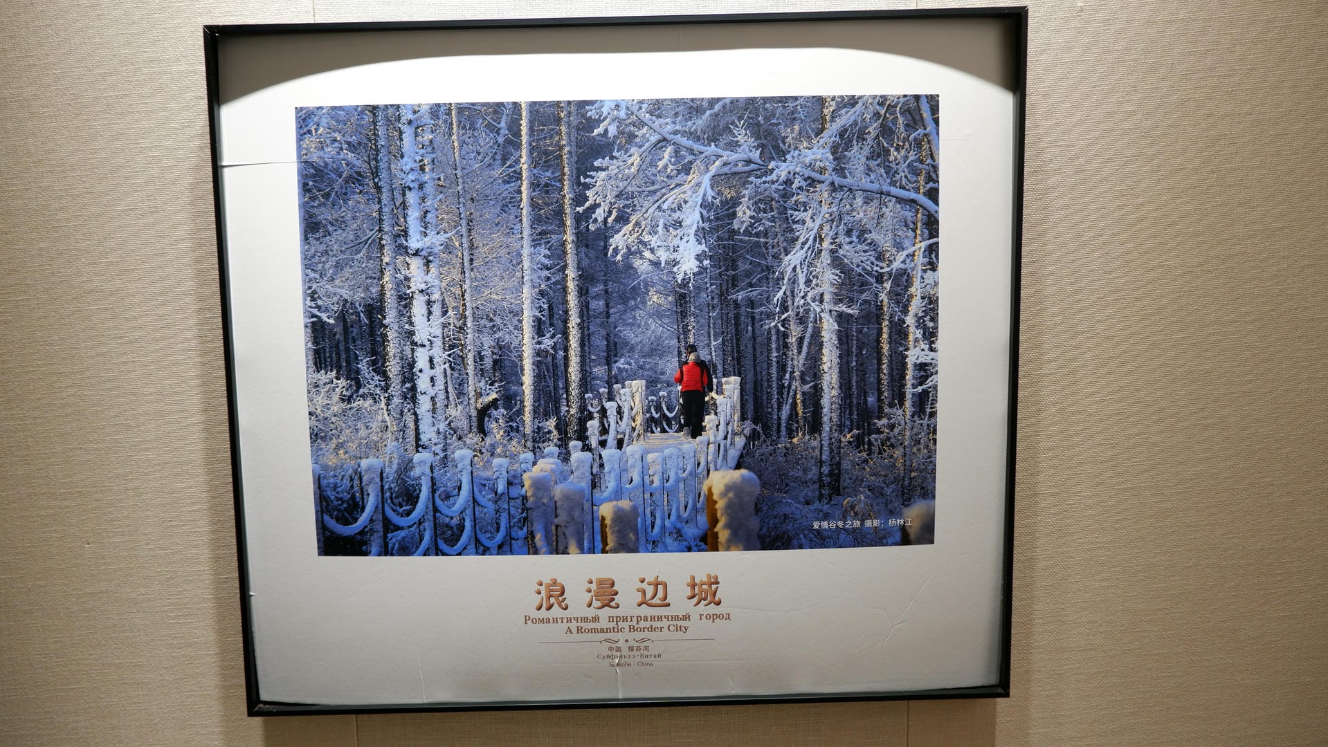 一幅画，描绘了雪景中的树木和一个人穿着红色衣服。